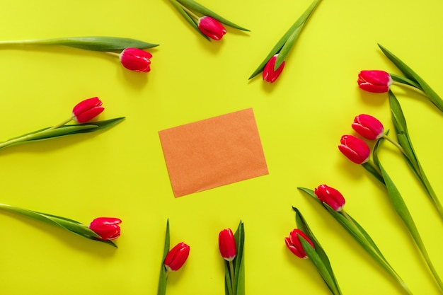 Lovely tulip flowers composition with envelope