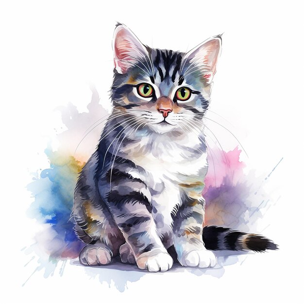 Lovely Watercolor Cat Pose on a White Canvas