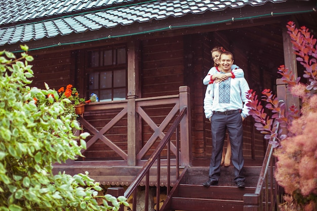 Lovely wedding couple dressed in ukrainian clothes