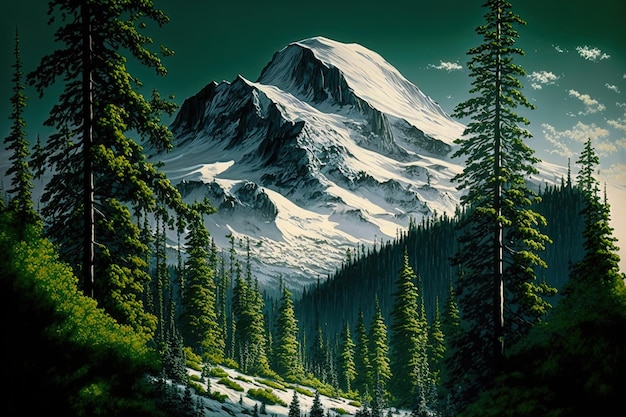 Lovely white mountain with a canopy of evergreen trees