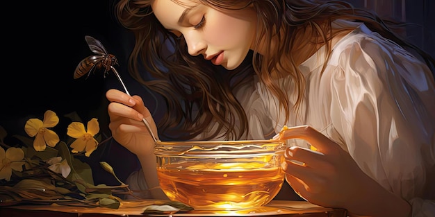 Прекрасная женщина погружает мед, чтобы съесть.