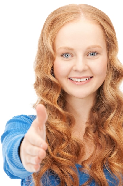 lovely woman with an open hand ready for handshake