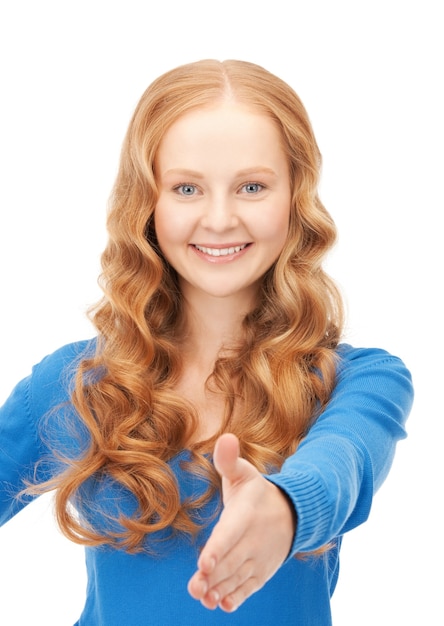 lovely woman with an open hand ready for handshake