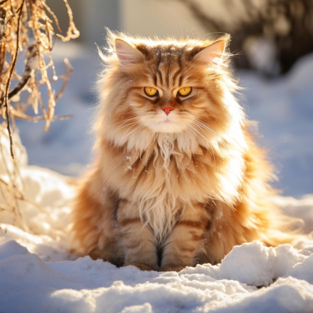 Lovely yellow cat sitting on the snow