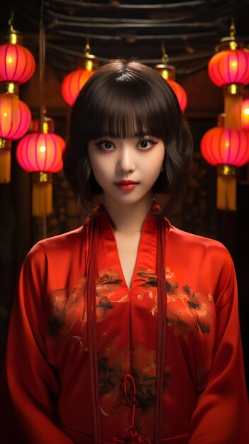 Lovely young chinese woman with a bob haircut and traditional attire bokeh light generative ai