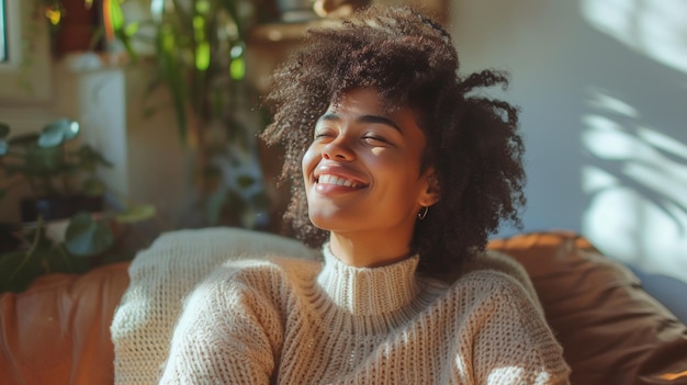 A lovely young lady is seen smiling and laughing while taking a break at home