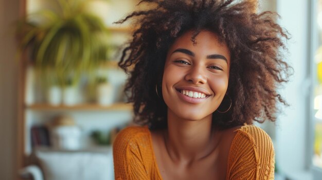 A lovely young lady is seen smiling and laughing while taking a break at home