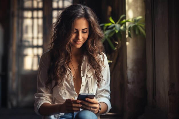 Photo lovely young lady in a white shirt and blue jeans generative ai