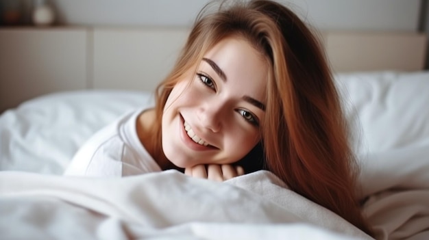 Lovely Young Woman in Bed Generative AI Italy