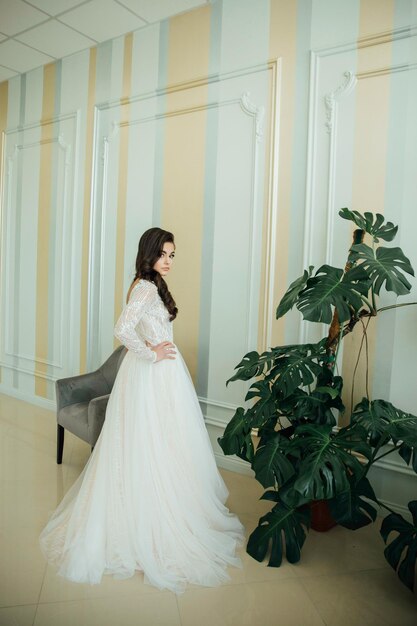 Lovely young woman bride in a lavish wedding dress