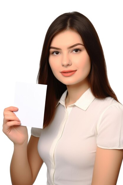 A lovely young woman holding up a blank card while isolated on white created with generative ai