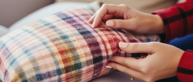 lovely young woman putting soft pillows and plaid on comfy sofa making her home cozy and warm copy