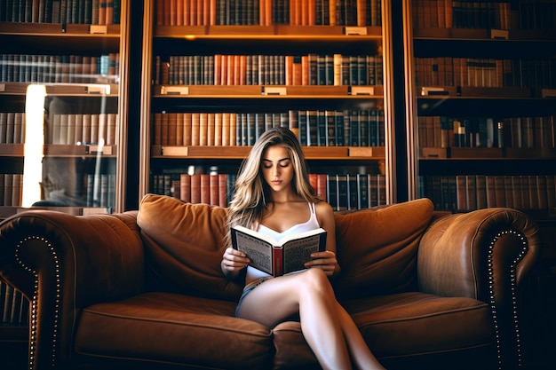 Photo lover of books a pretty girl with many books