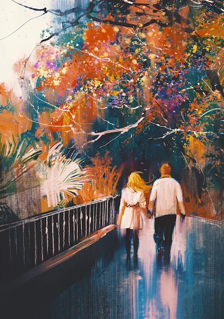 Coppia di innamorati che cammina tenendosi per mano nel parco autunnale, pittura illustrativa