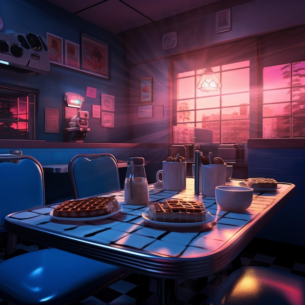 a lover dinner concept art gaming illustaration pink table with sunset