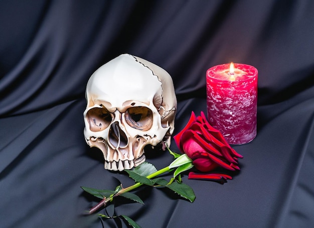 Photo lover of human skulls and rose flower with light candle in dim valentines on black