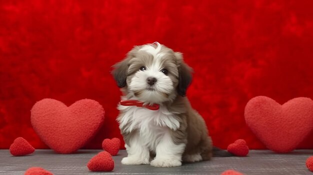 恋人バレンタイン 赤いハートのハバニーズの子犬