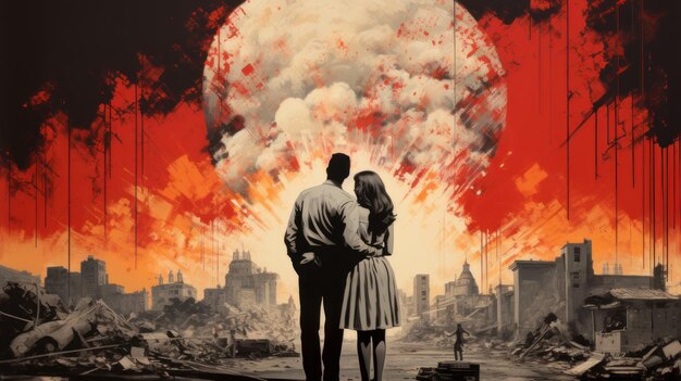 lovers against the backdrop of an atomic explosion