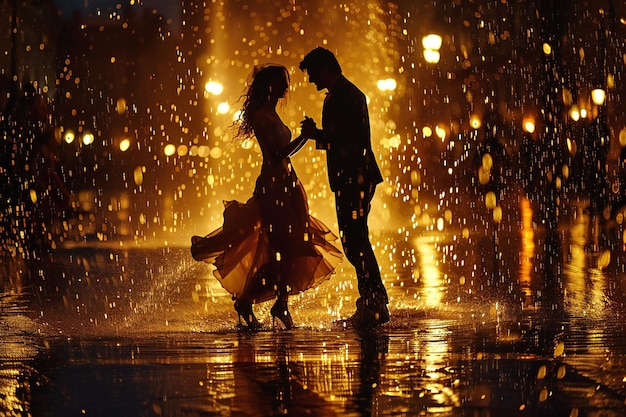 Foto amanti che ballano il tango sotto la pioggia scena romantica di due persone innamorate che ballano per strada di notte