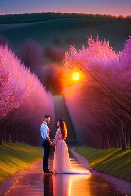 Lovers at dawn walk along the river between peach trees blooming in spring Postprocessed