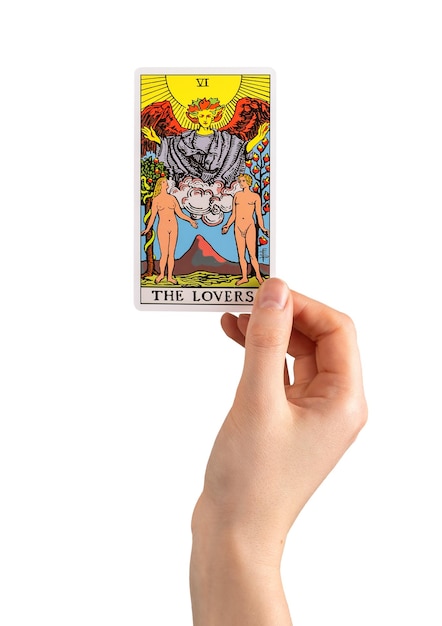 Lovers major tarot card arcana in hand isolated on white