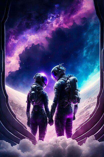 Photo lovers in spacesuits holding hands looking from the dock of a giant spaceship into a massive nebula of purple gaseous clouds in front of a solar system