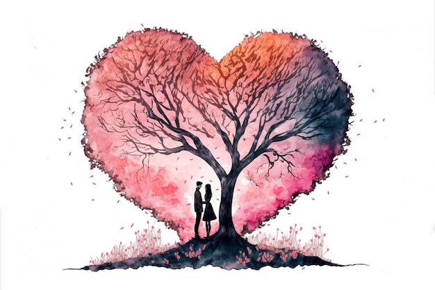 Lovers standing under heart shaped tree valentine's day concept design