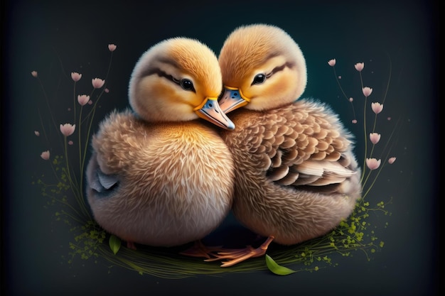 Loveydovey ducks in love Cute lovers close together Generative AI