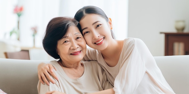 Loving adult daughter sitting on sofa at home and hugging elderly mother happy and smiling