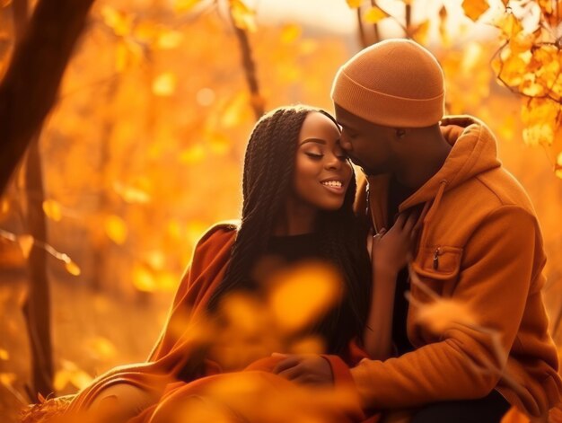 Loving african american couple is enjoying a romantic autumn day