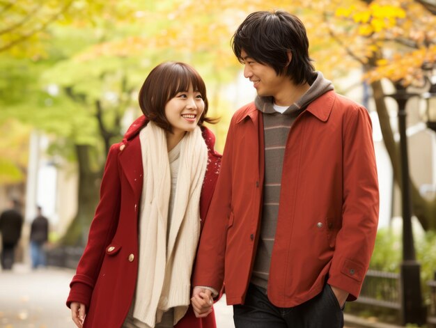 Loving asian couple is enjoying a romantic autumn day