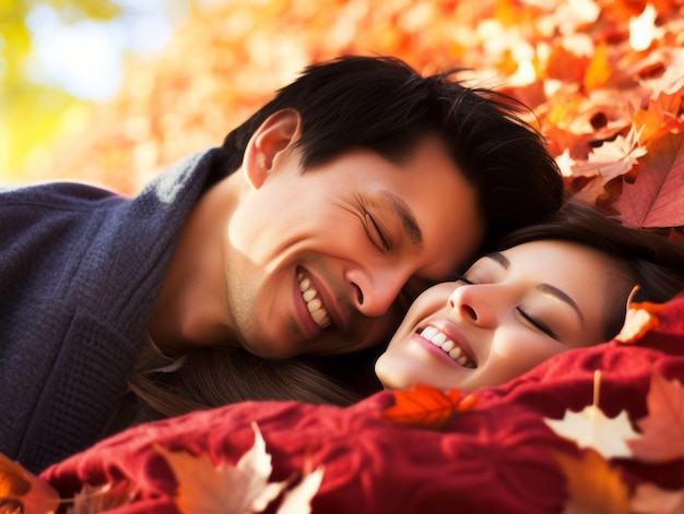 愛するアジア人カップルがロマンチックな秋の日を楽しんでいます
