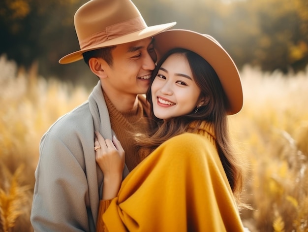 Loving asian couple is enjoying a romantic autumn day