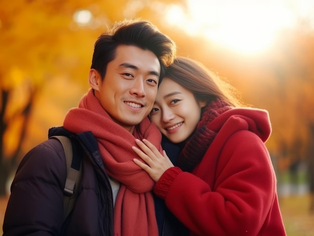 Loving asian couple is enjoying a romantic autumn day