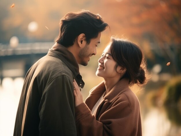 Loving asian couple is enjoying a romantic autumn day