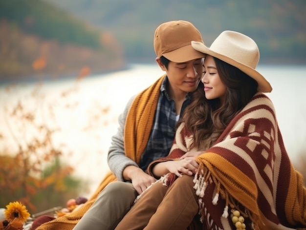 Loving asian couple is enjoying a romantic autumn day