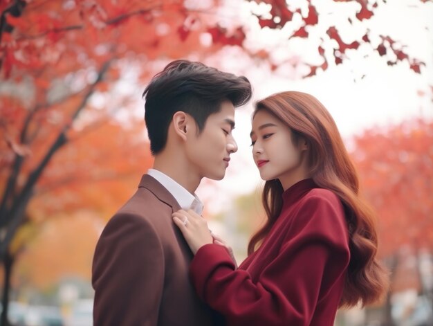 Loving asian couple is enjoying a romantic autumn day