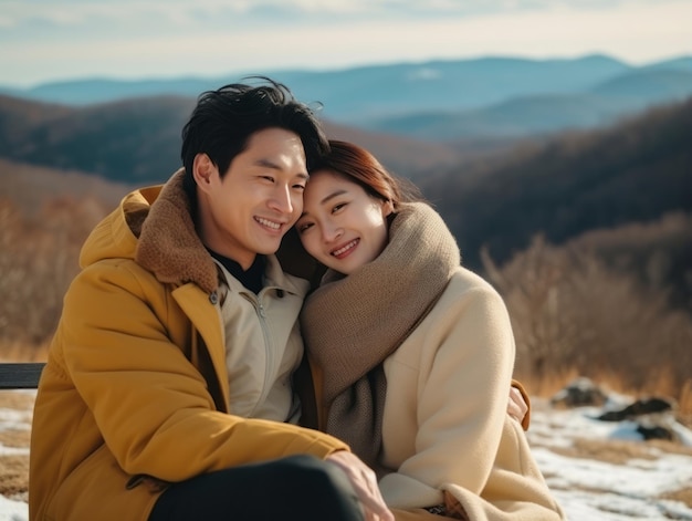 Loving asian couple is enjoying a romantic winter day