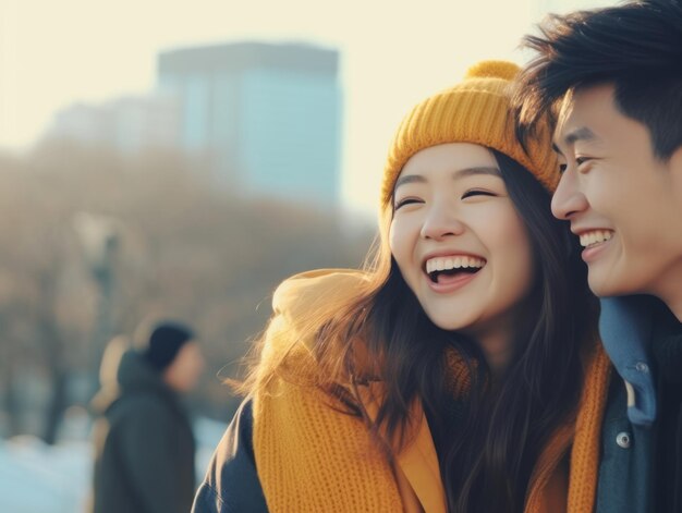 Loving asian couple is enjoying a romantic winter day