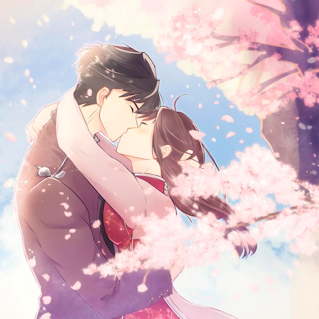 Anime Couple Kissing In A Garden Background, Lovers Anime Pictures  Background Image And Wallpaper for Free Download