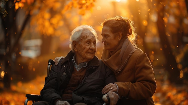 가을의 빛 속 의 사랑 하는 부부 체어 에 앉은 노인