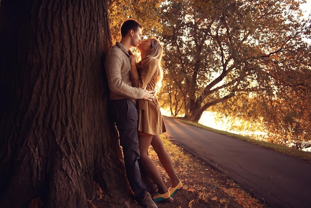 loving couple in autumn park sunbeams sunset