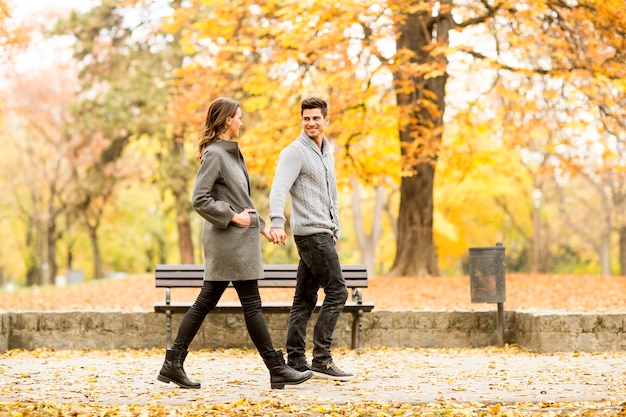 Loving couple in the autumn park