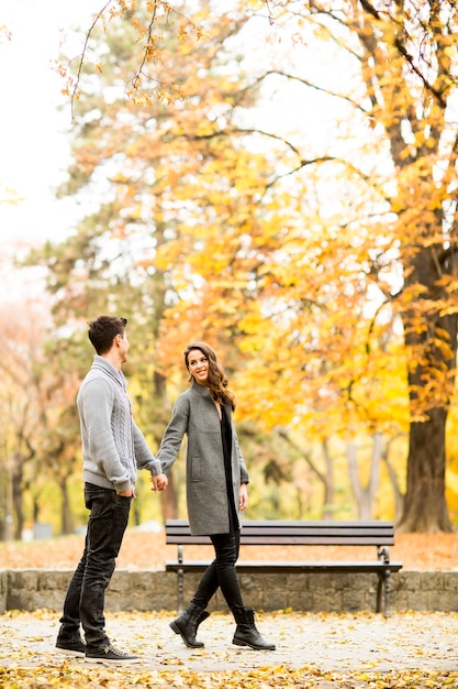 Loving couple in the autumn park