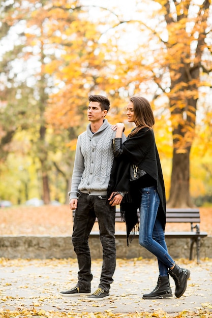 Loving couple in the autumn park