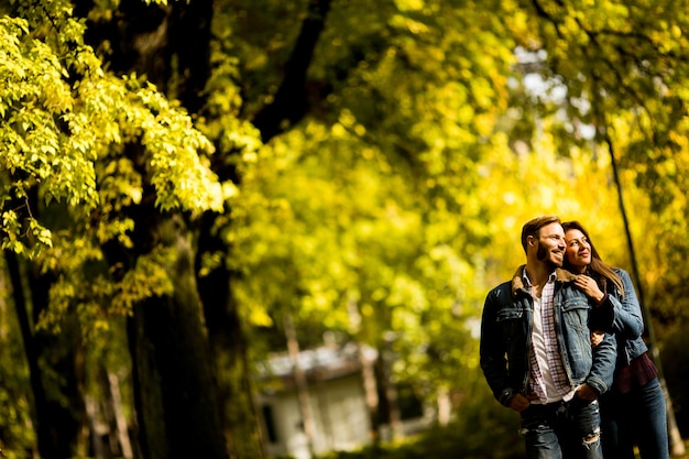 Loving couple in the autumn park