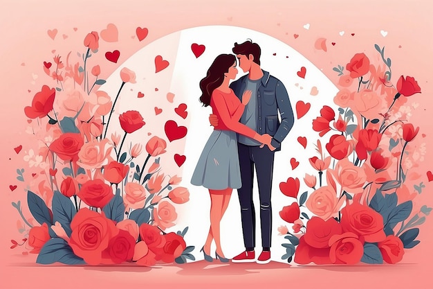 Loving couple celebrating happy valentines day in love standing together with flowers horizontal