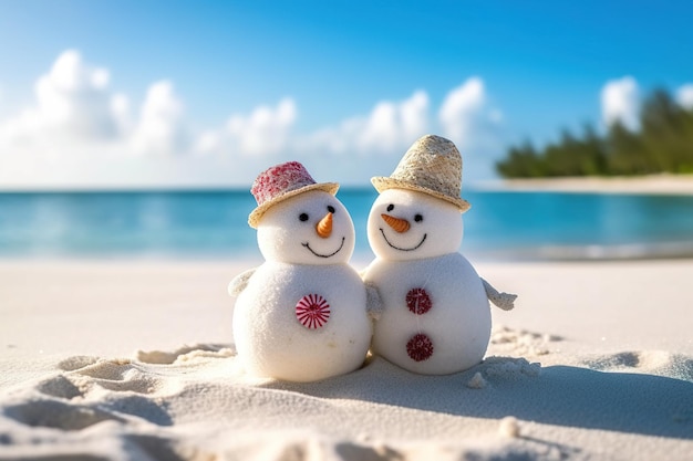 Loving couple of cute snowmen on vacation Template for greeting card with copy space for text Generative AI