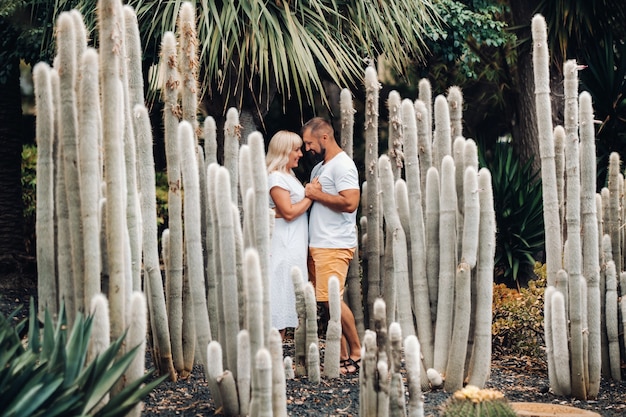 A loving couple embraces against the backdrop of huge cacti on the island of Tenerife.People in love in the Canary Islands.Large cacti in Tenerife.