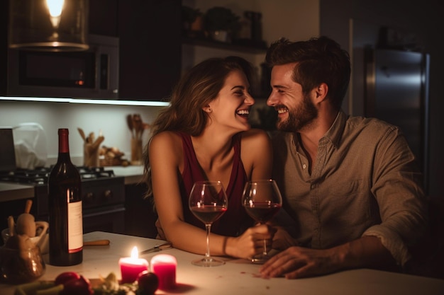 A loving couple enjoying a romantic night out laughing and cooking together in a cozy home kitchen